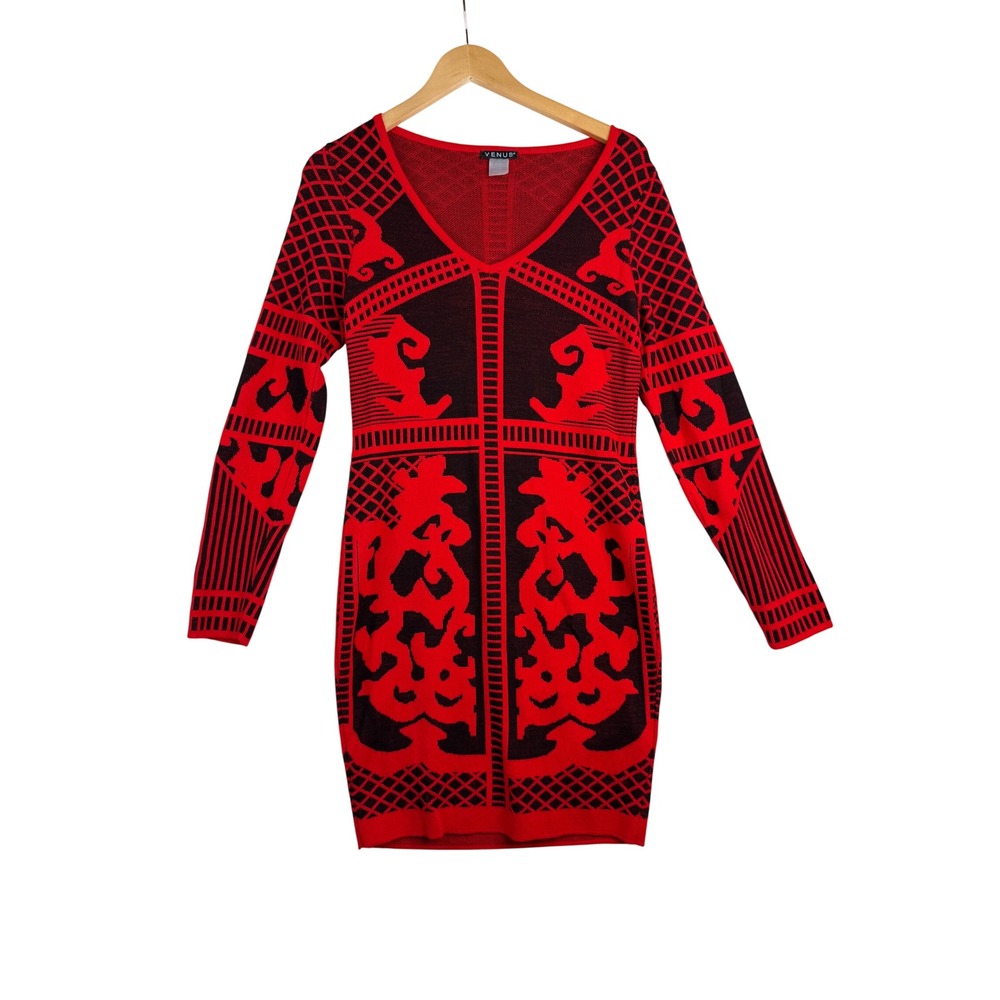 Venus Baroque Bodycon Sweater Dress size Medium Red/Black